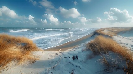 A beach with a cloudy sky and a body of water