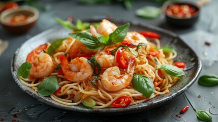 Wall Mural - Spicy stir-fried seafood spaghetti with shrimp and squid served with fresh basil