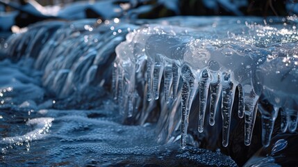 Poster - Flowing water with long pointed ice formations in winter
