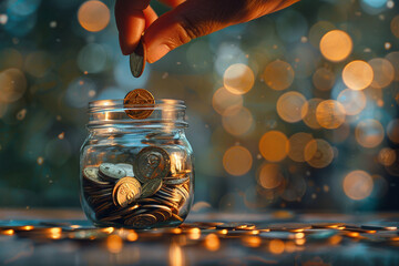 Photograph of a Hand Placing Coins into a Jar: A hand dropping coins into a jar