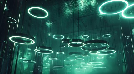 Poster - Circles of green light hanging from ceiling in darkened room at night