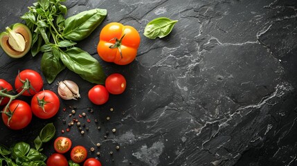 Wall Mural - Freshly gathered vegetables arranged on a dark stone surface