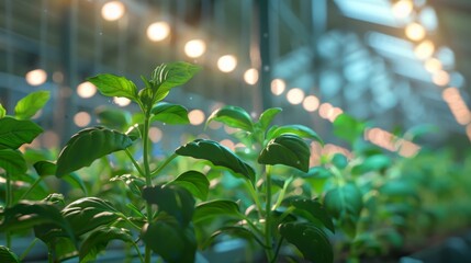 Poster - Green plants thrive under a row of artificial lights in an indoor setting.