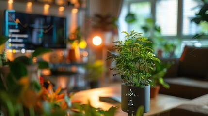 Aufkleber - In a living room, a potted plant on a coffee table is in focus with a blurred background. To the right is a couch and a computer screen showing a graph