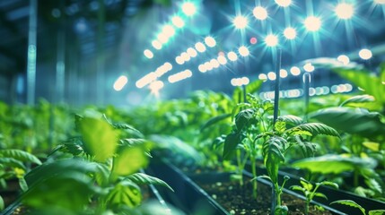 Poster - Green plants grow under artificial lights in an indoor greenhouse setting.