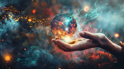 Wall Mural - A hand holding a glowing sphere of energy. The sphere is made up of swirling galaxies and stars, and it is surrounded by a mist of colorful smoke.