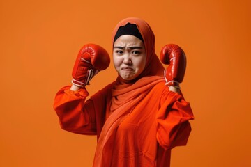 Wall Mural - Asian Muslim woman in powerful boxing stance on orange background.