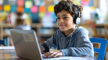 A young boy with headphones focuses on his laptop in a vibrant classroom filled with colorful decorations.