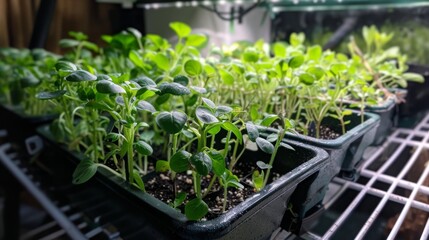 Poster - Rows of small, green seedlings are growing in black plastic trays under grow lights.