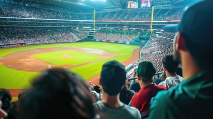 Crowd watches baseball game in large stadium with green field and sunny weather