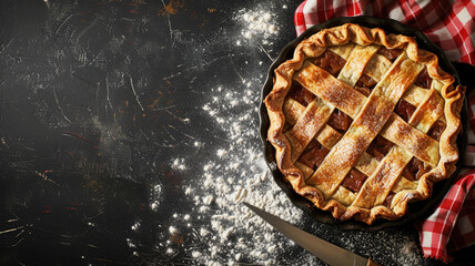 Wall Mural - Freshly baked lattice pie on floured surface next to knife