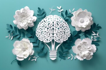 Canvas Print - White floral brain sculpture on a light teal background symbolizing creative and intellectual growth