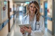 © darshika - Portrait of woman doctor at hospital corridor  holding tablet computer  looking at camera  smiling.