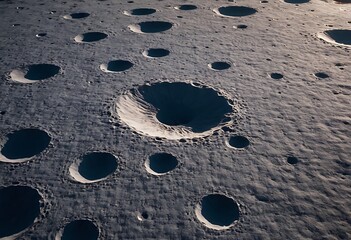 Wall Mural - the surface of an icy moon with deep craters filled with reflective ice, casting long shadows and gl
