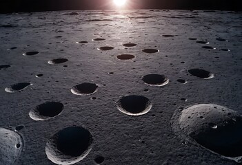 Wall Mural - the surface of an icy moon with deep craters filled with reflective ice, casting long shadows and gl