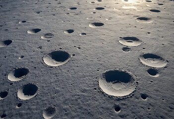 Wall Mural - the surface of an icy moon with deep craters filled with reflective ice, casting long shadows and gl