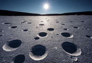 Wall Mural - the surface of an icy moon with deep craters filled with reflective ice, casting long shadows and gl