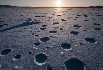 Wall Mural - the surface of an icy moon with deep craters filled with reflective ice, casting long shadows and gl