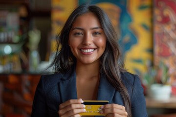 Wall Mural - Hispanic businesswoman celebrating successful online purchase with credit card.