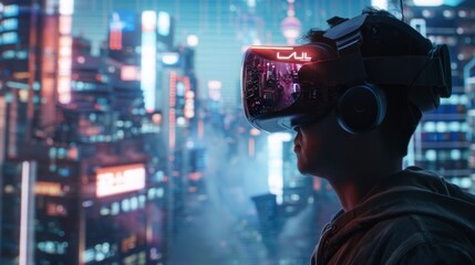 Poster - A person wearing a virtual reality headset stands in front of a vibrant, illuminated city skyline at night.