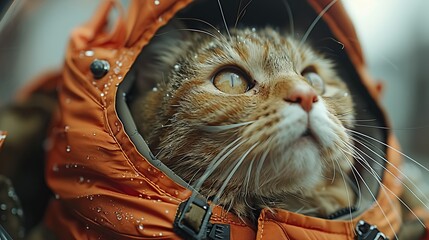 Wall Mural - Curious Cat Wearing a Waterproof Jacket