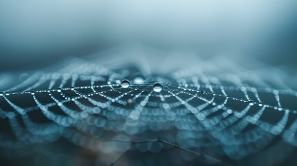 A close-up image of a spiderweb covered in dewdrops, captured in the gentle morning light, showcasing the intricate and delicate structure of the web and water droplets.
