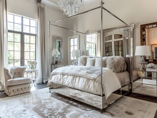 Luxurious bedroom with a mirrored canopy bed, crystal chandelier, and elegant decor in neutral tones.