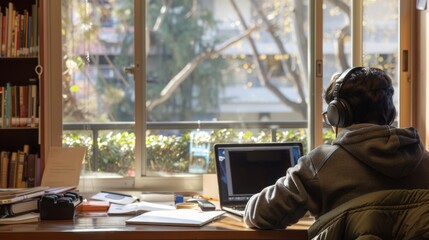 Poster - A student wearing headphones is focused on a laptop at a wooden desk, with sunlight streaming through the window.