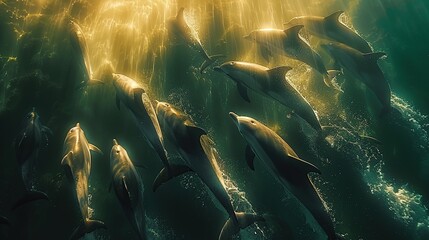 Canvas Print - Dolphins Swimming in Golden Sunlight