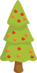 Poster - Green christmas tree decorated with red and orange balls standing on white background