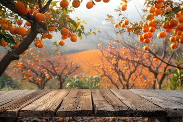 Wall Mural - Empty wood table with orange tree background for product display.