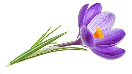 one single purple crocus saffron flower on white background