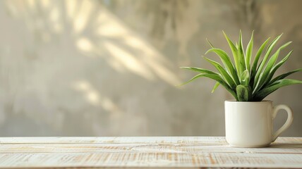 Wall Mural - Green succulent plant in white pot on wooden table