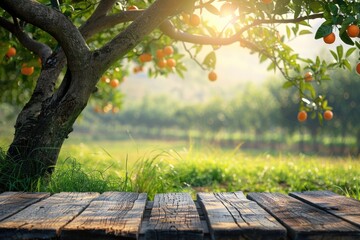 Wall Mural - wooden podium displays products in farm setting with nature background.