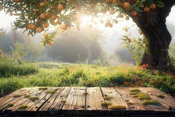 Wall Mural - wooden podium displays products in farm setting with nature background.