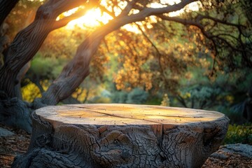 Wall Mural - tree trunk table in nature garden park with drooping branch.