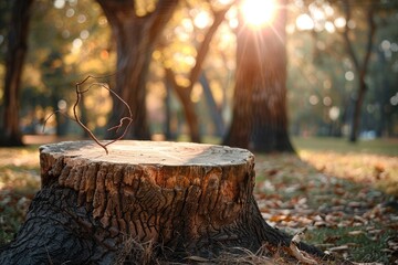 Wall Mural - Tree trunk table in nature garden park with drooping branch.