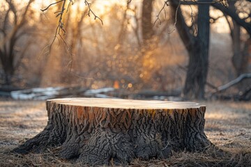 Wall Mural - tree trunk table in nature garden park with drooping branch.