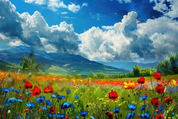 garden painting. artistic landscape with beautiful blooming flowers under blue cloudy sky