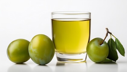 Wall Mural - plum wine and unripe plums on a white background