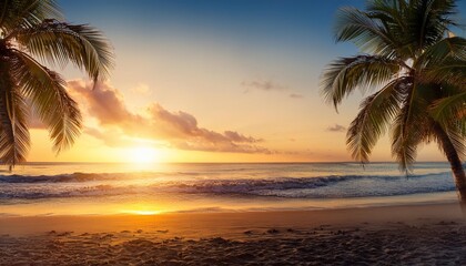 Wall Mural - paradise beach sunset or sunrise with tropical palm trees for you design