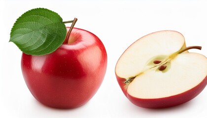 Canvas Print - apple half with red apple isolated apples with green leaves on white background red appl with clipping path full depth of field