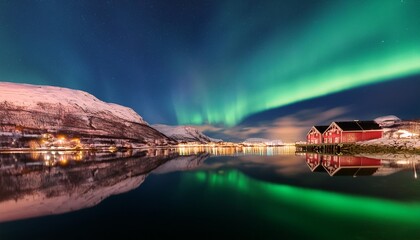 Wall Mural - aurora borealis reflected between two fjords in tromso