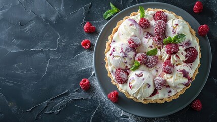 Wall Mural - Fresh raspberry tart topped with scoops of vanilla ice cream and garnished mint leaves