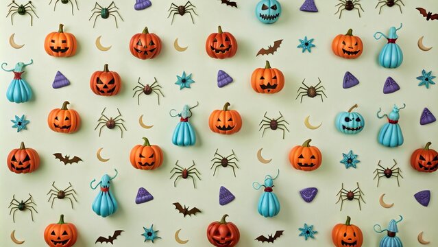 Halloween pattern with pumpkins, ghosts, spiders and other holiday attributes