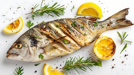 A beautifully arranged grilled fish garnished with fresh herbs and lemon slices on a white background for culinary presentations. 