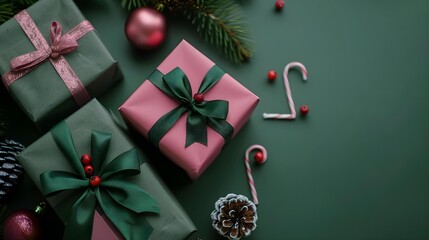 Green and pink Christmas gifts on green background