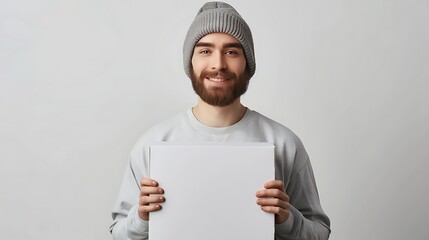 A cheerful young man wearing a beanie holds a blank canvas, ready for creative expression. 