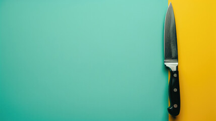 sharp kitchen knife on two-tone background, half green and yellow