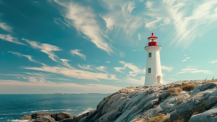 White lighthouse on rocky coast under blue sky with clouds